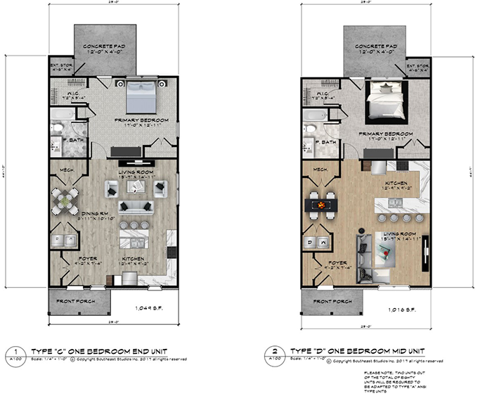 One bedroom independent living townhome unit plans